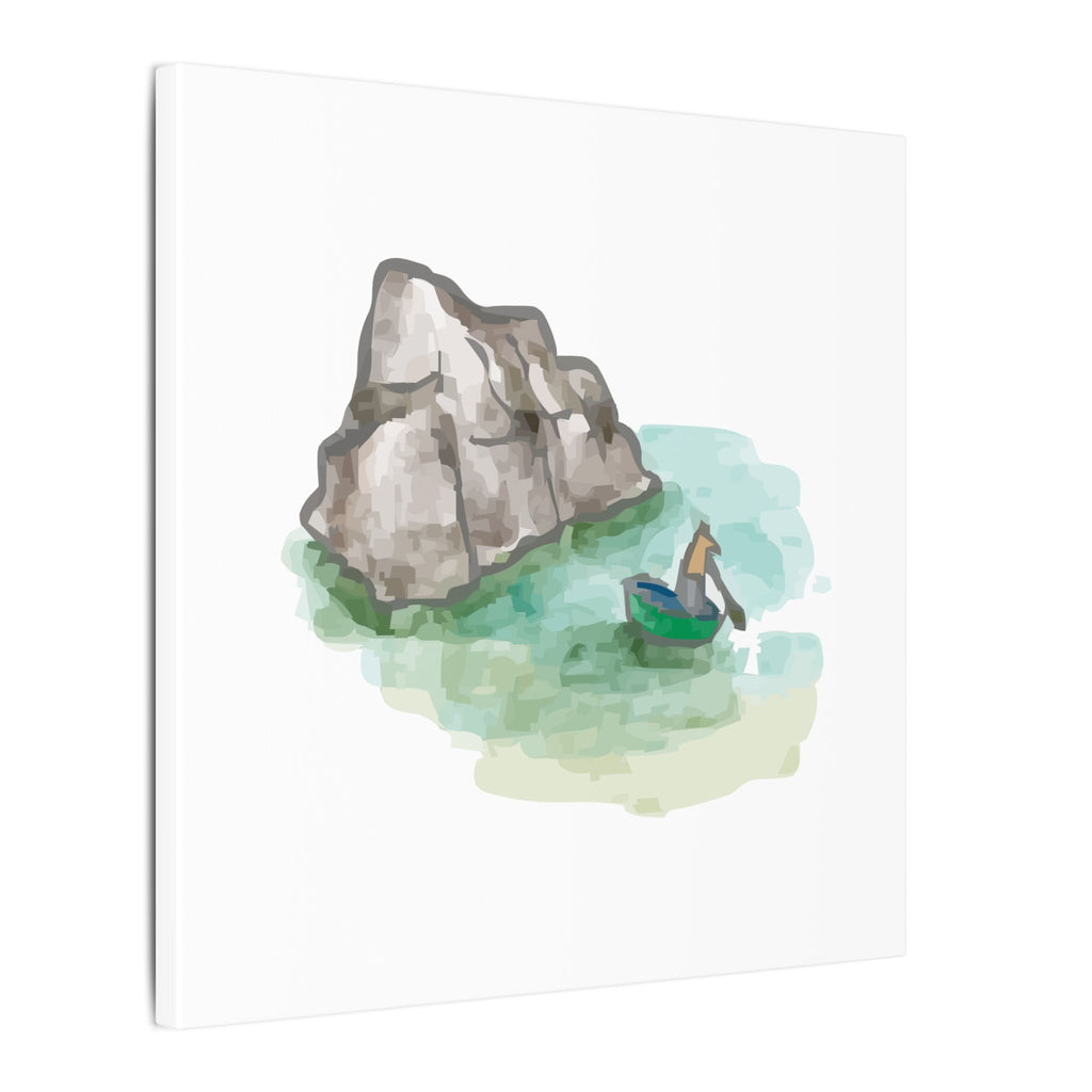 Illustration of a duck in a boat near a large rock with watercolor effects on a white background