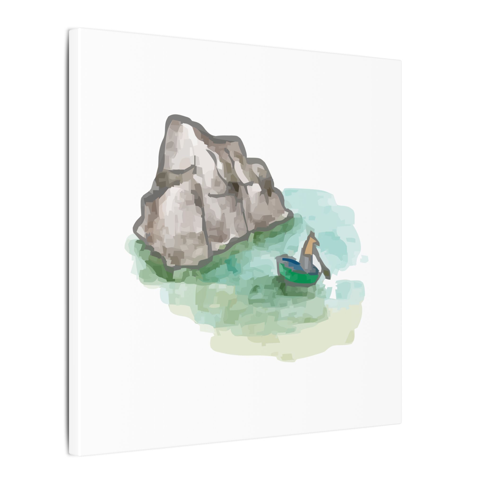 Illustration of a duck in a boat near a large rock with watercolor effects on a white background