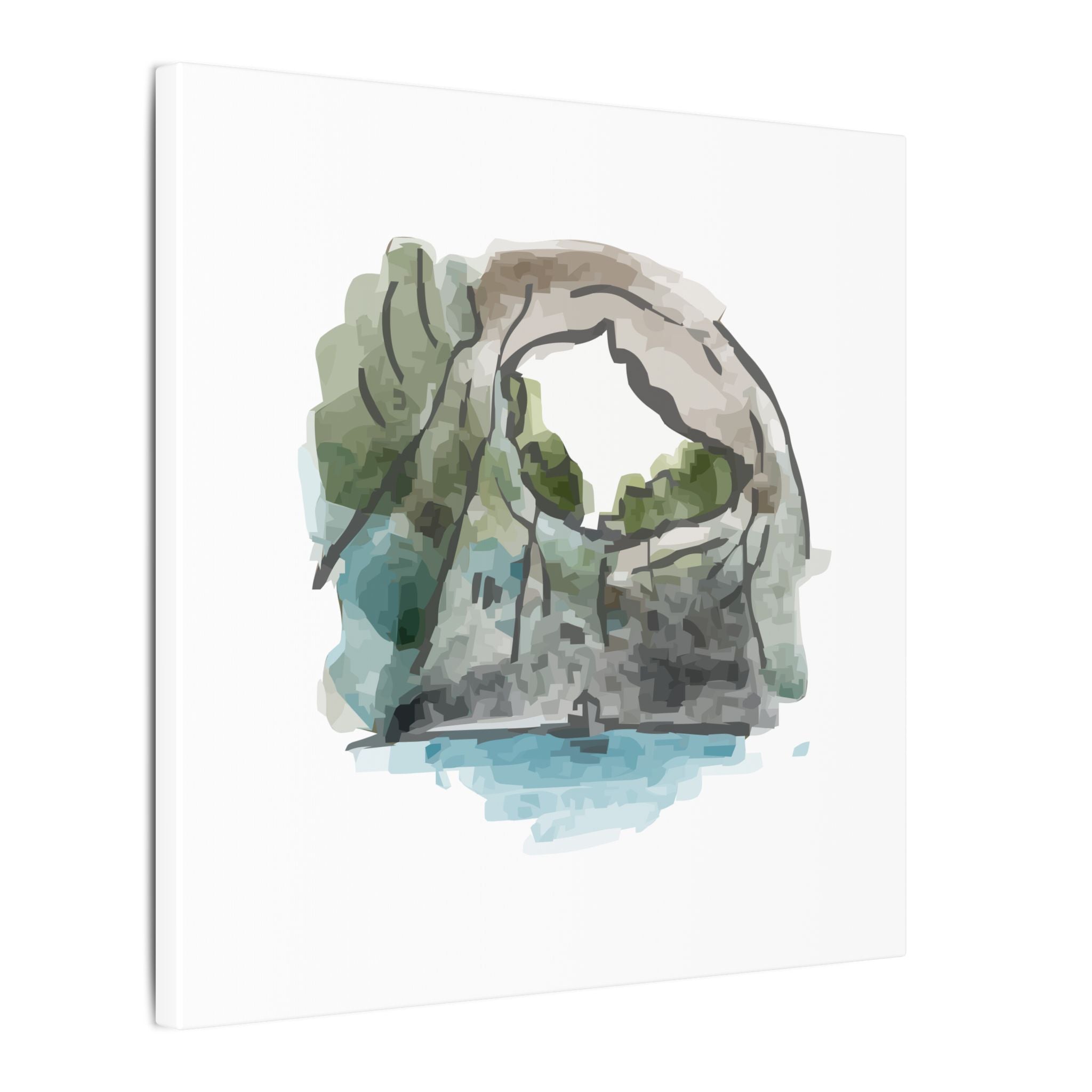 Watercolor painting of a natural landscape with trees and water on a white background