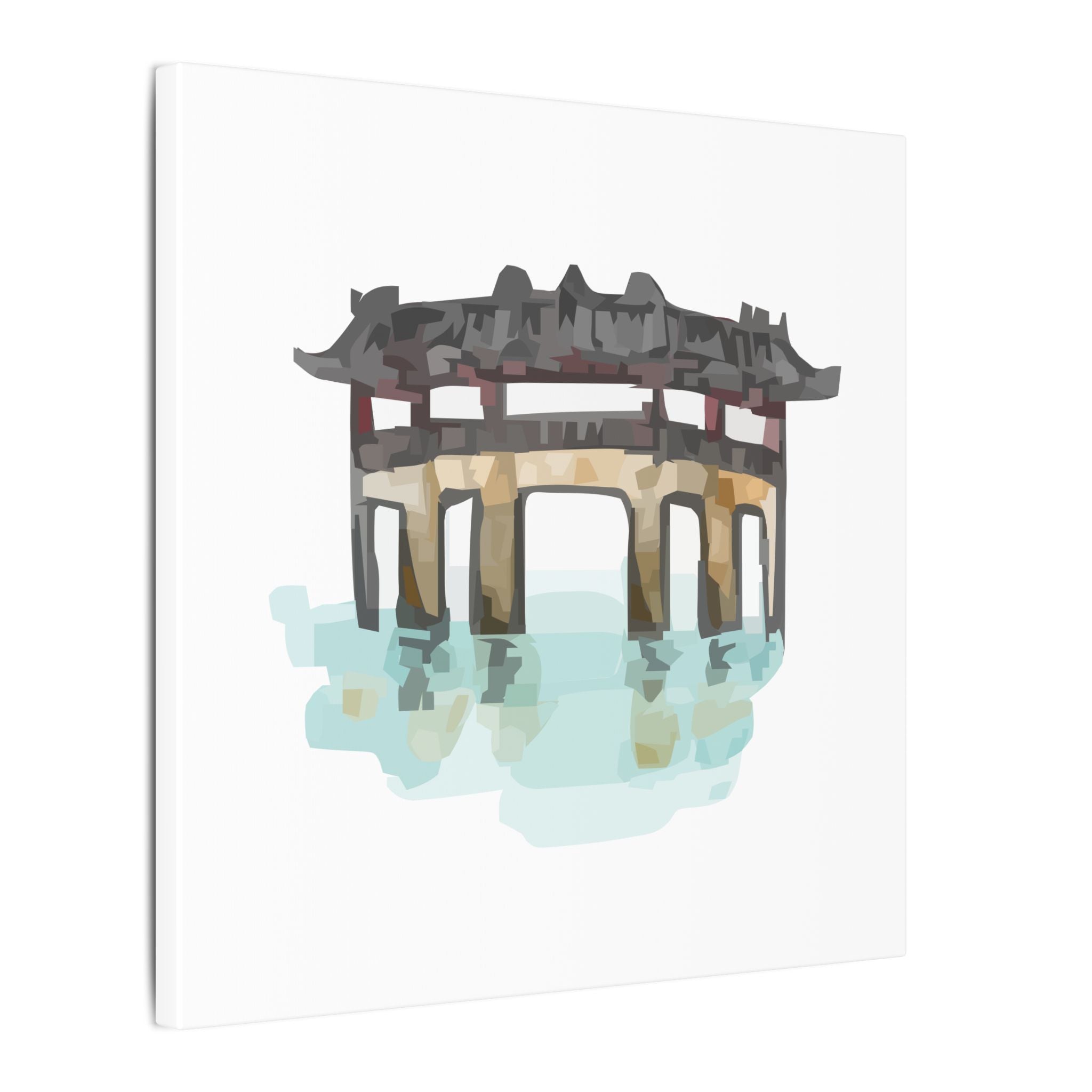 Traditional East Asian architectural structure reflected in water on a white background