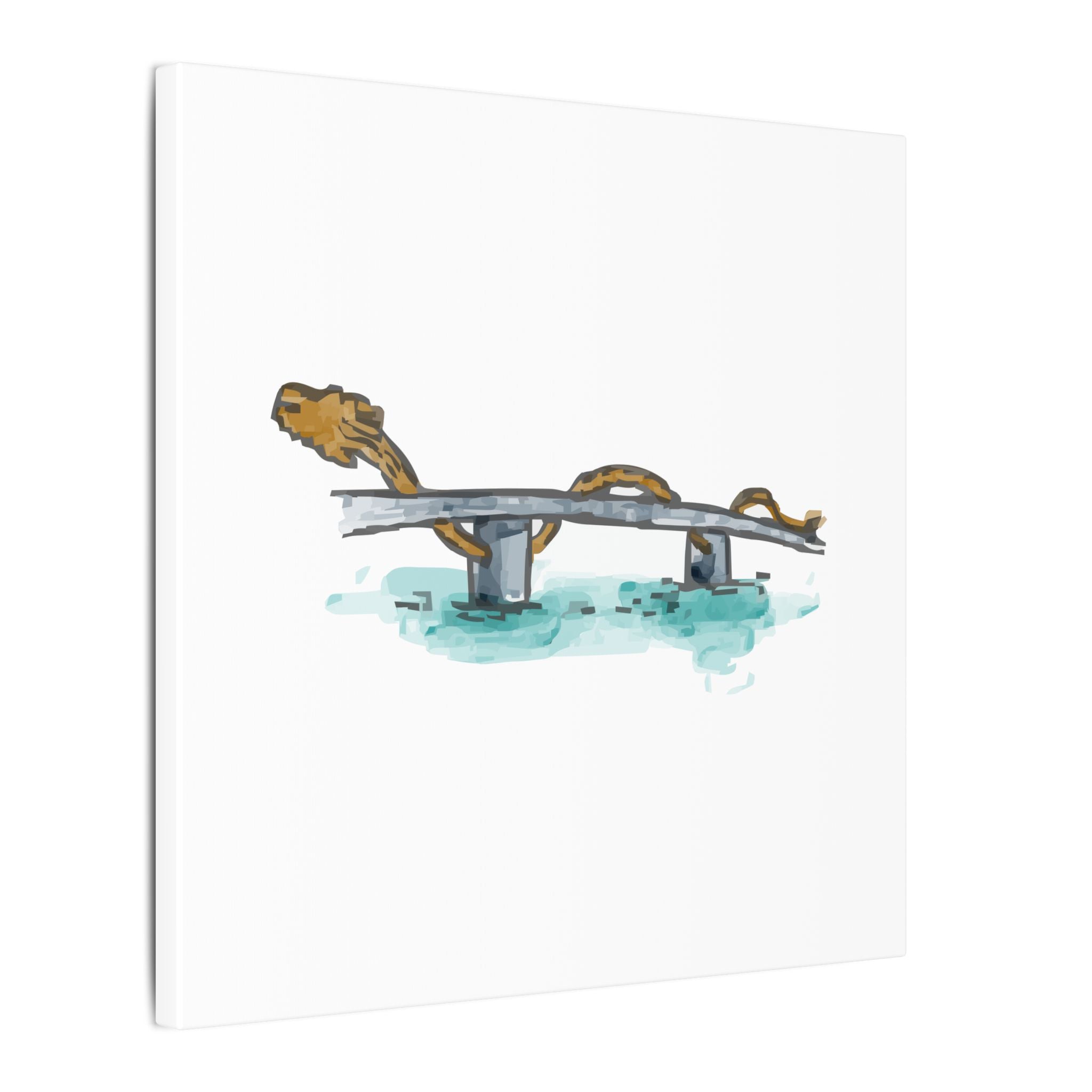 Illustration of a dragon on a bridge over water with a white background