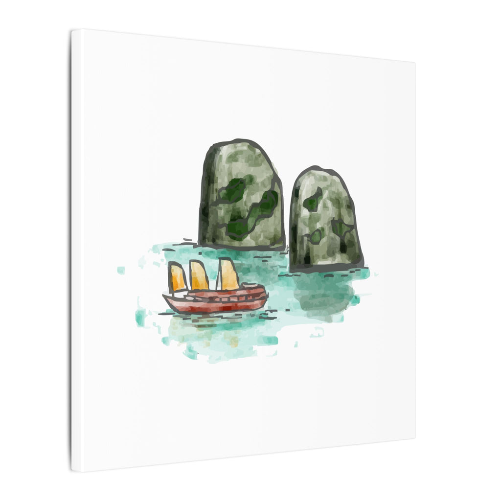 Illustration of a small boat between two large rocks on a white background