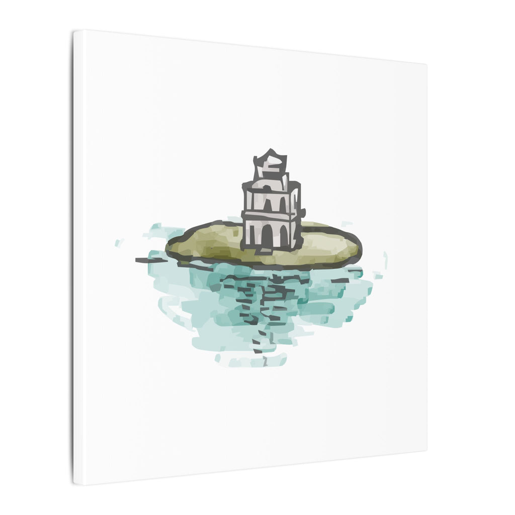 Illustration of a castle on an island with water reflection