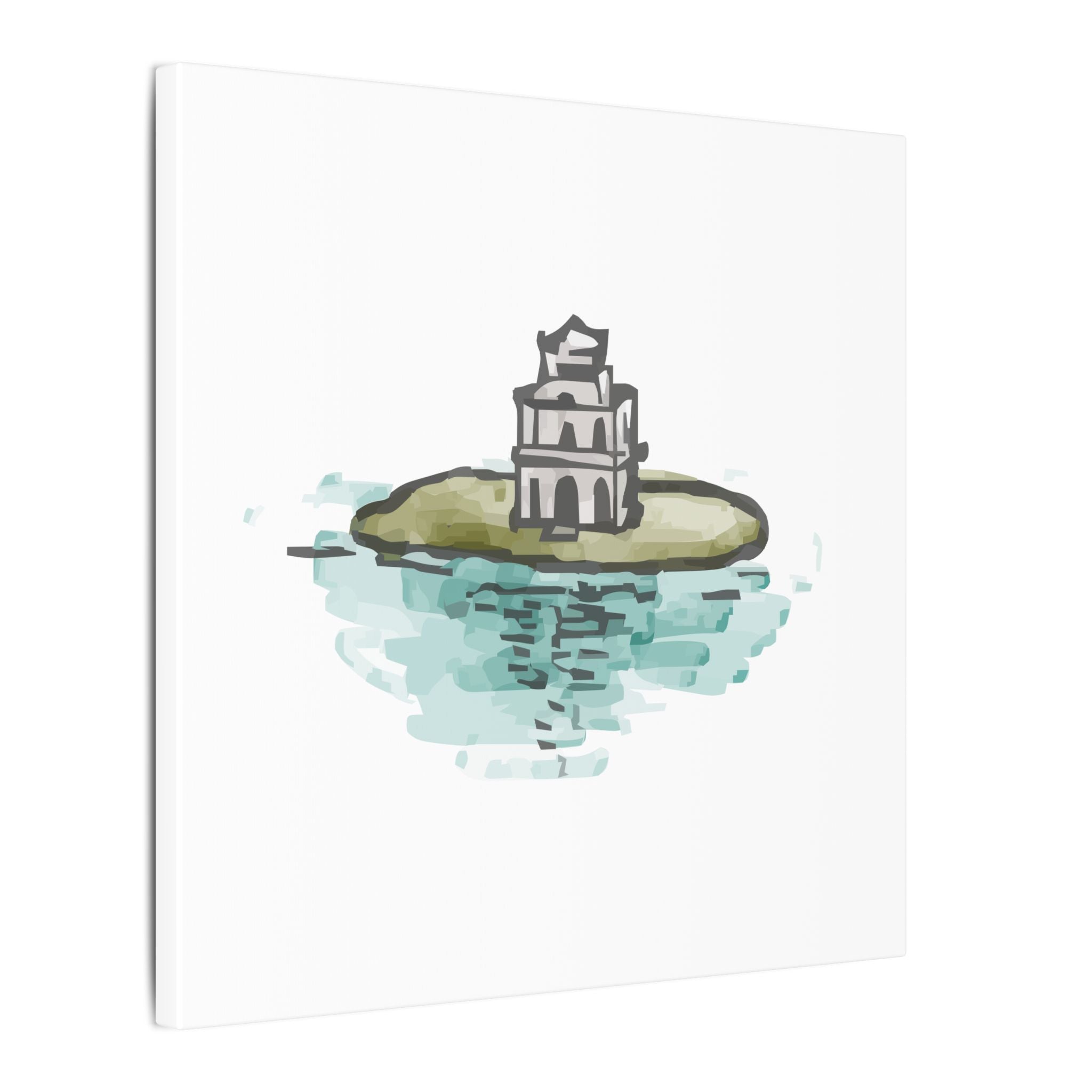 Illustration of a castle on an island with water reflection