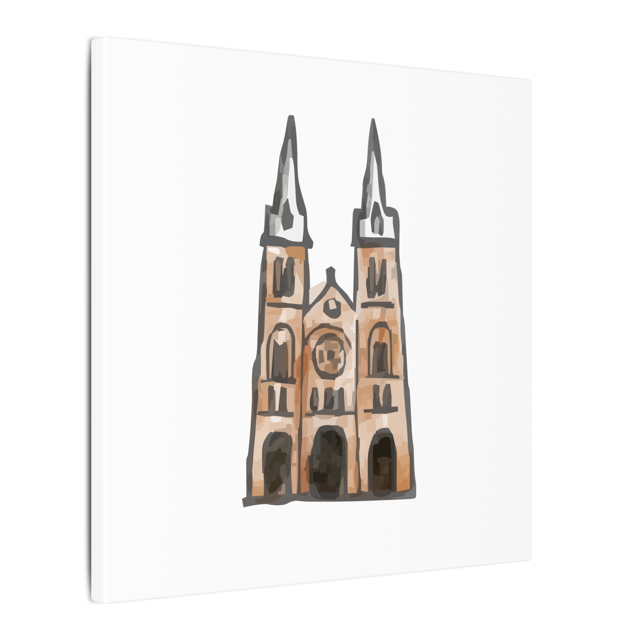 Illustration of a cathedral with two tall spires on a white background