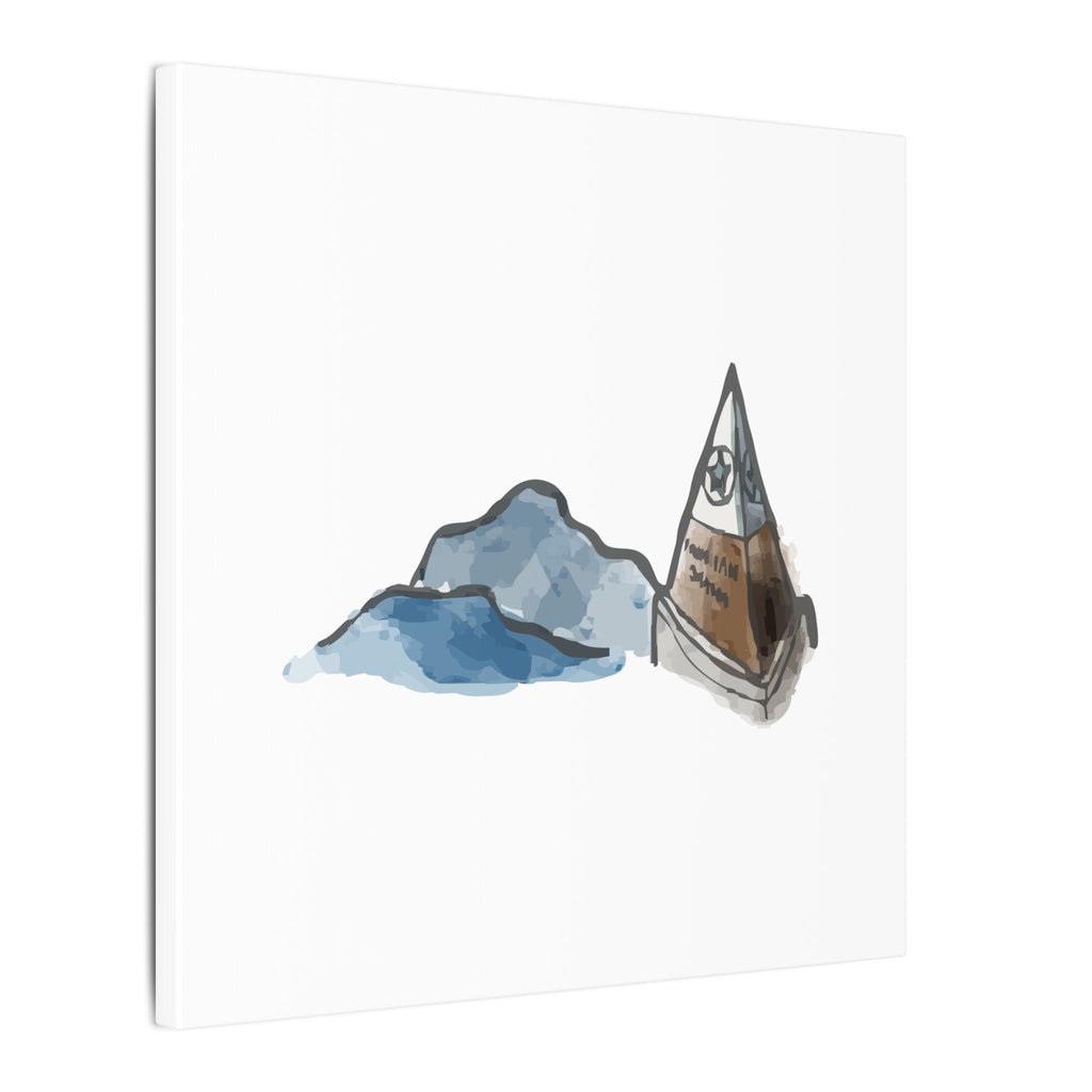 Illustration of a sailboat near a rock with watercolor texture on a white background